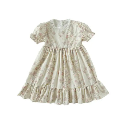 Floral Square Neck Girl's Dress French Gentle Style Summer Lace Short Sleeved Children's Cake Princess Dress Children's Clothing
