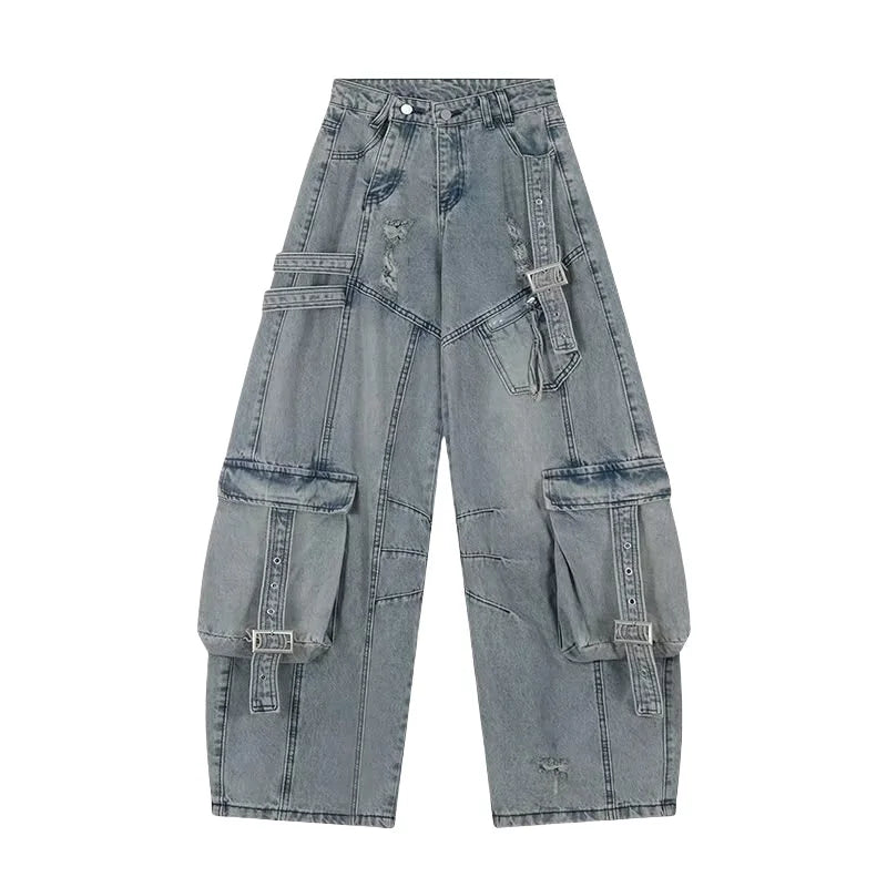 2025 Cyber Y2K Streetwear Washed Blue Baggy Ripped Cargo Jeans Pants For Men Clothing Wide Leg Vintage Loose Punk Denim Trousers