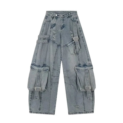 2025 Cyber Y2K Streetwear Washed Blue Baggy Ripped Cargo Jeans Pants For Men Clothing Wide Leg Vintage Loose Punk Denim Trousers