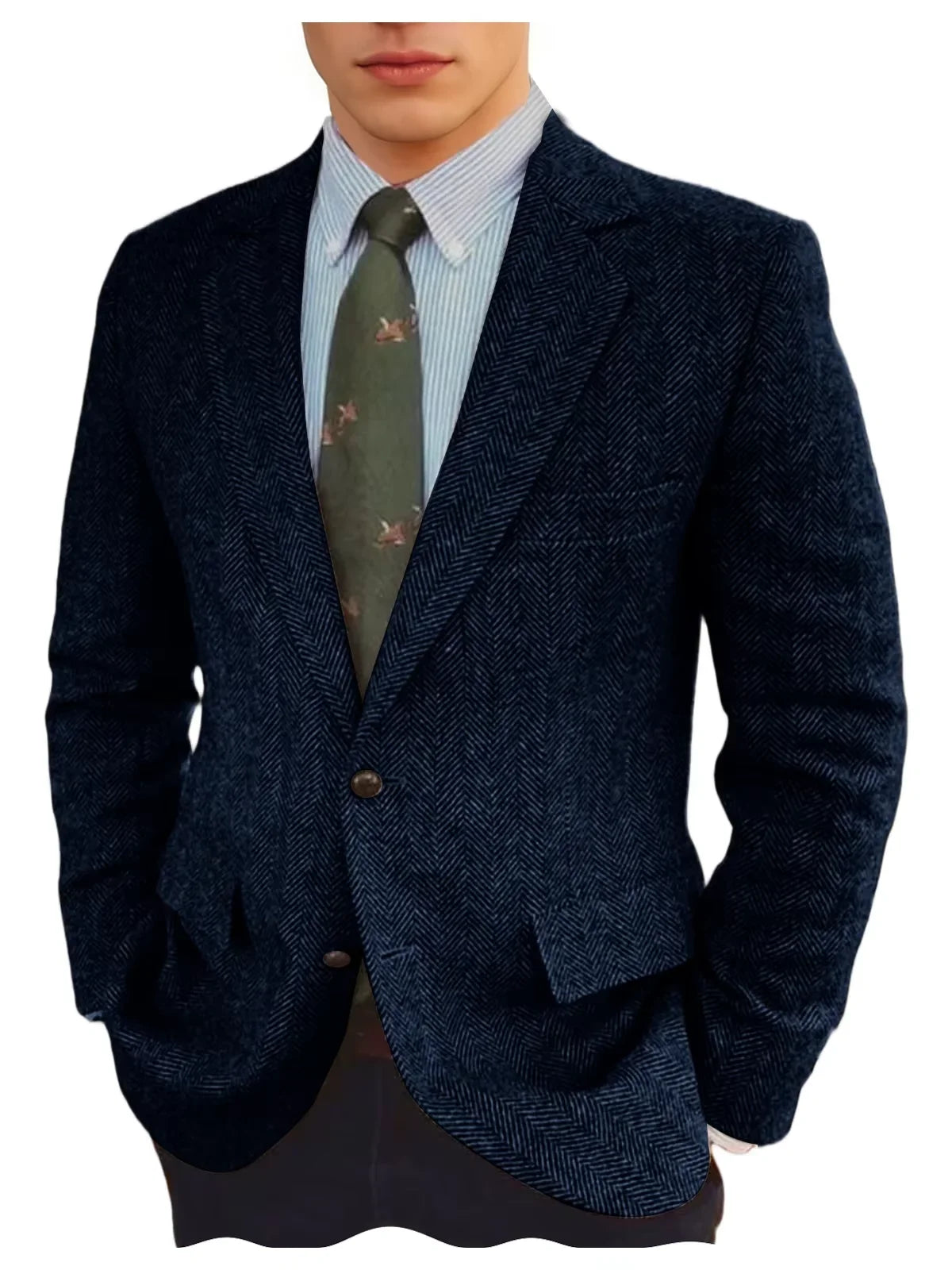 Men's Grey Herringbone Tweed Blazer Classic-Fit Notched Lapel Casual Jacket Slim Fit Business Wedding Suit Coat Plus Size