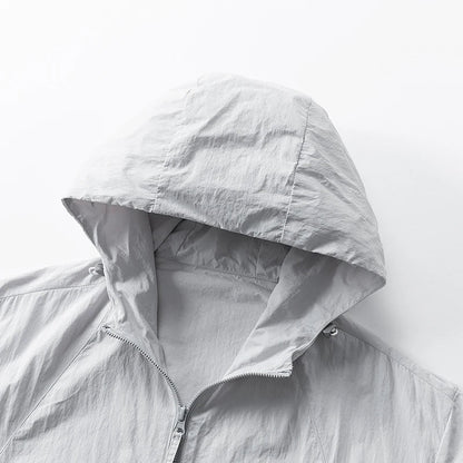 UPF50+ Men's Hooded Sunscreen Jacket Summer Ultra Thin Zipper Pocket Windbreaker Elastic Cuffs Outdoor Hiking Fishing Skin Coats