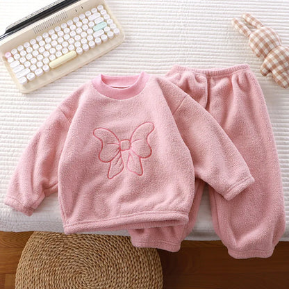 Winter Warm Kids Loungewear Suit Baby and Girls Boys Loose Embroidery Full Fleece Coat Tops+Pant Set Child 2PCS Homewear 1-8 Yrs