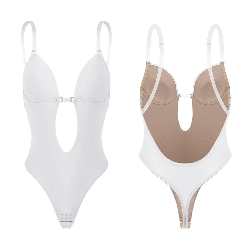Backless Bodysuit Shapewear for Women Built-in Bra Multiple straps Thongs Body Shaper U Plunge Seam-free Faja with Open Crotch