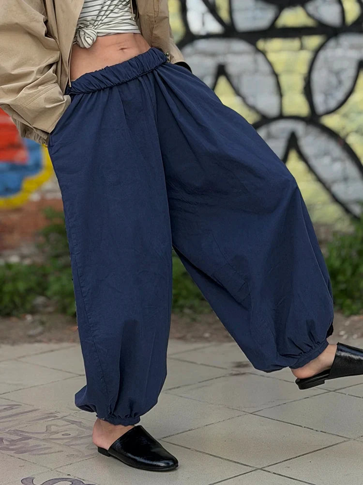 Summer Cotton Oversized Pants For Women Blue Baggy Aladdin Trousers Elastic Bloomers Navy Blue Cropped Lantern Harem Pants Woman