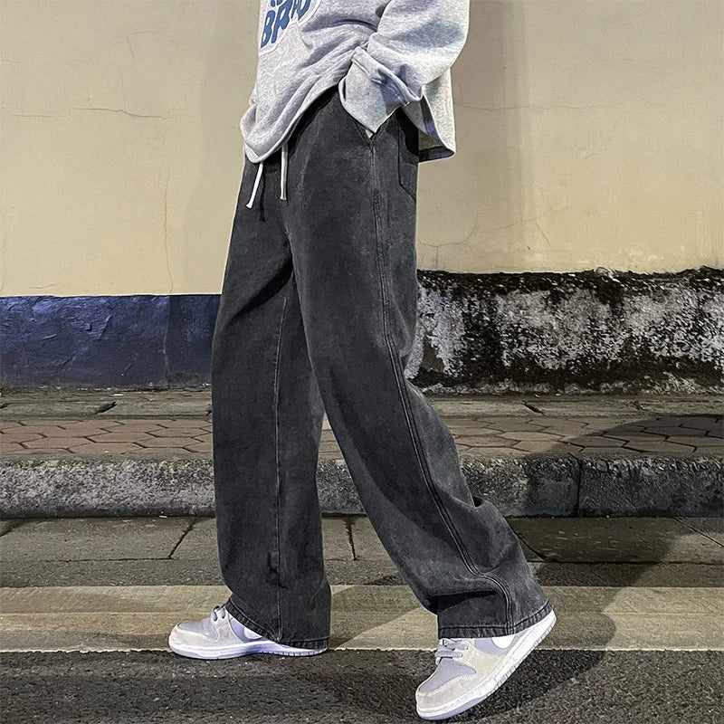 2026  Men's Jeans Korean Version Student Casual Pants High Street Straight Loose Wide Leg Jeans Black Grey  Blue Baggy Jeans