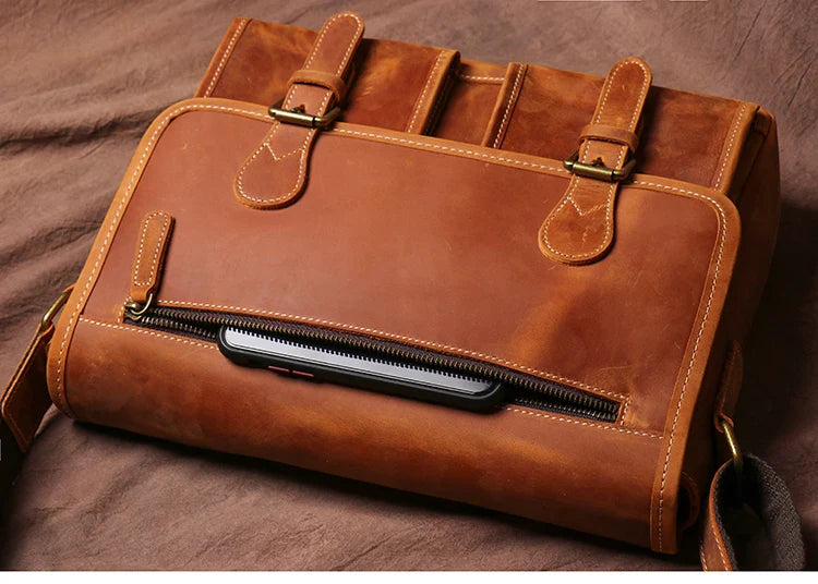 Vintage Crazy Horse Leather Messenger Bag Men's Genuine Luxury Sling Shoulder Bag Office Briefcase Crossbody 12.9 Inch Ipad