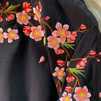 Aesthetic Japan Style Cherry Blossoms Embroidery T Shirts Sexy Women Girls Cotton Summer Tee Tops O-neck Loose Casual Harajuku