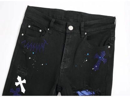Men Crystal Cross Stretch Denim Jeans Holes Ripped Distressed Black Pants Embroidery Slim Tapered Trousers