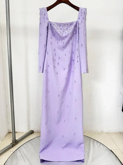 HIGH QUALITY Newest Fashion 2026 Designer Vestido Women's Square Collar Beading Diamonds Long Sleeve Maxi Dress