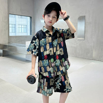 New Summer Kids Beach Clothes Set 2 Pieces Set for Boys Casual Shirt Short 2PCS Clothing Set Children Cool Vacation Outfit Suit