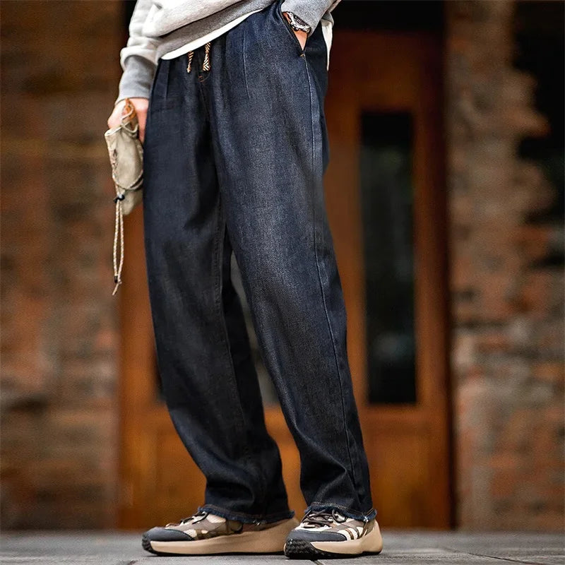 Autumn Casual Jeans for Men Washed Double Pleated Baggy Straight Denim Trousers Mid-rise Zipper Wear-resistant Jeans