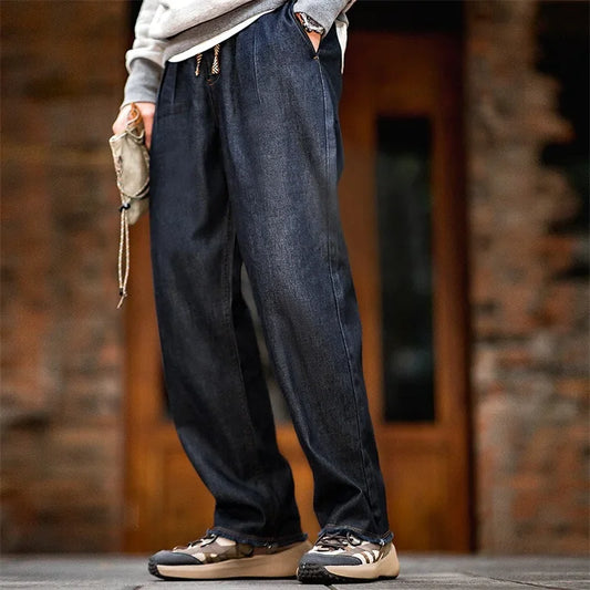 Autumn Casual Jeans for Men Washed Double Pleated Baggy Straight Denim Trousers Mid-rise Zipper Wear-resistant Jeans
