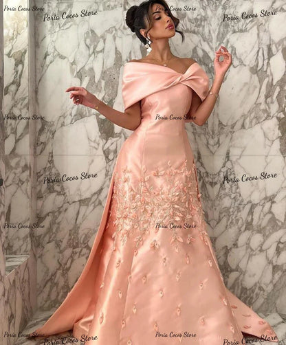 Customized Exquisite Off Shoulder Prom Gown A-line Satin V Neck Evening Party Dresses Sexy Backless Banquet Party Dress for Wome