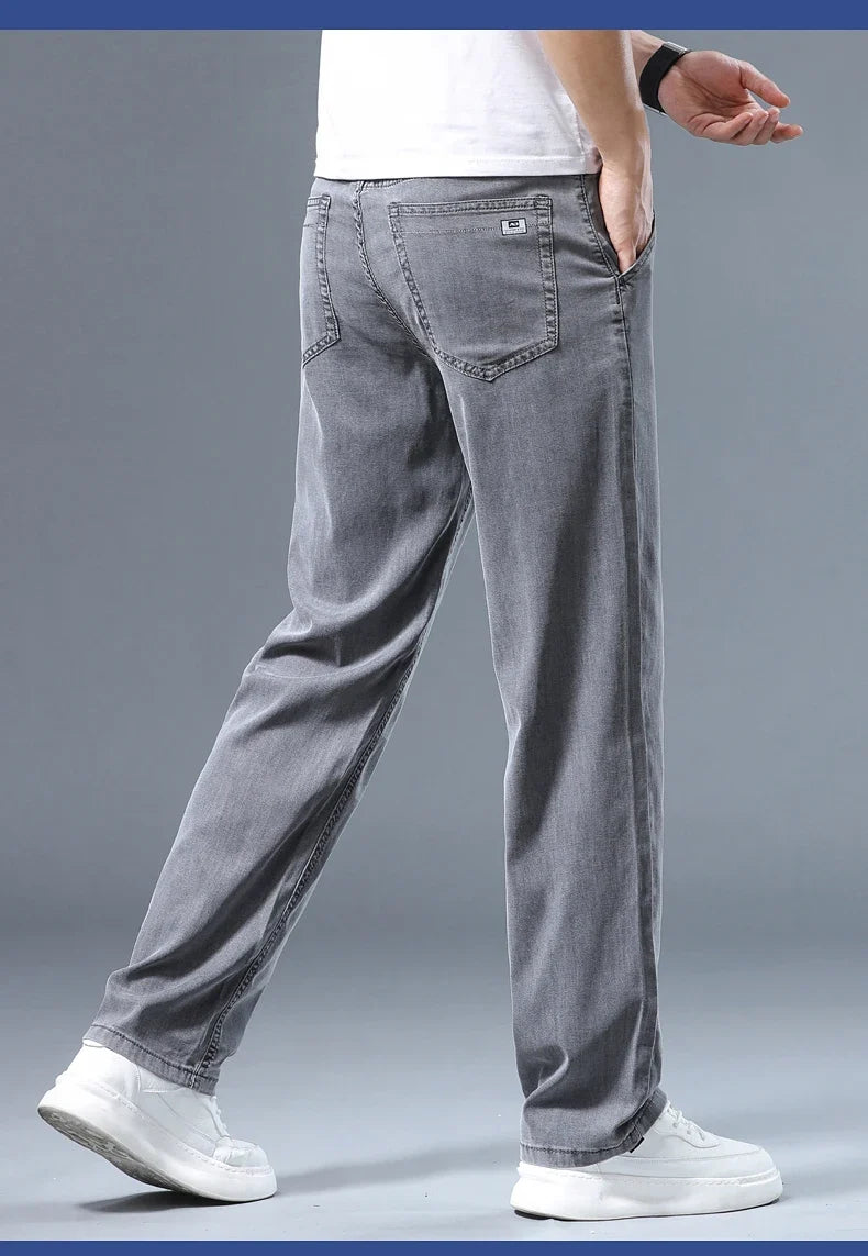 Summer Thin Men's Loose Straight Jeans Lyocell Soft Drape Business Casual Trousers Classic Smoke Gray Brand Ice Silk Pants