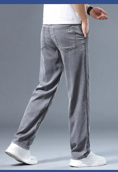 Summer Thin Men's Loose Straight Jeans Lyocell Soft Drape Business Casual Trousers Classic Smoke Gray Brand Ice Silk Pants