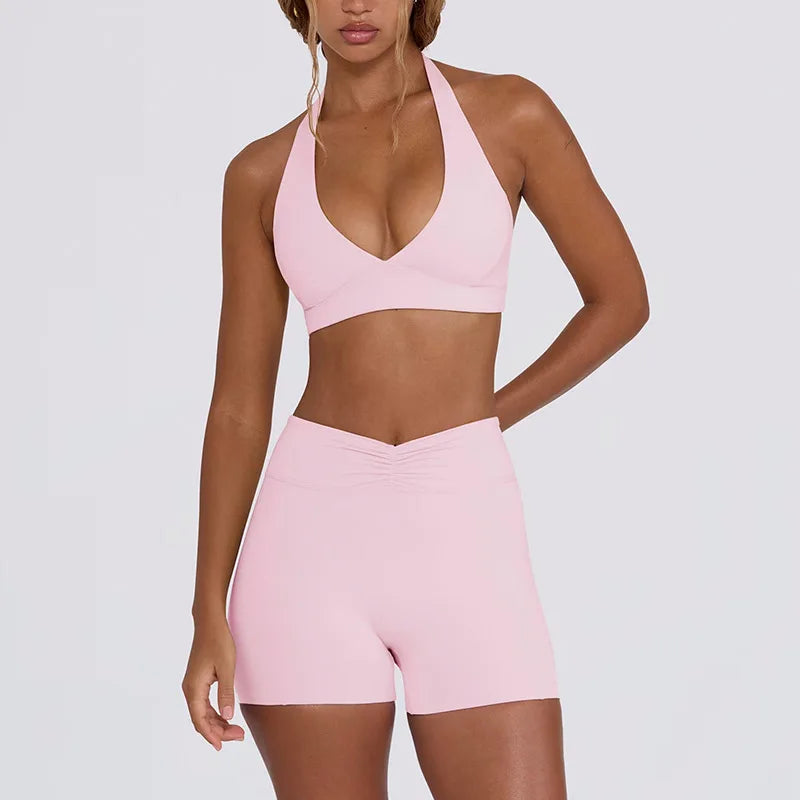 Women's Yoga Suits Quick Drying Leggings Gym Shorts Nude Hanging Neck Bra Running Gym Exercise Sets