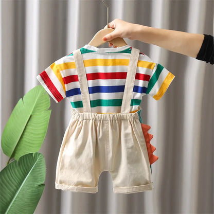 Summer Kids Boys Clothing Toddler Fashion Rainbow Clothes T Shirt Cartoon Dinosaur Bib Pants 2Pcs/Set Children Costume Suit