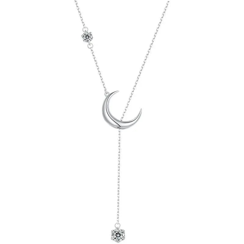 925 Sterling Silver Y-Shape Moon Pendant Necklace Water-drop Zircon Neck Chain for Women Anniversary Gift Fine Jewelry