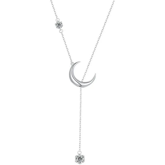 925 Sterling Silver Y-Shape Moon Pendant Necklace Water-drop Zircon Neck Chain for Women Anniversary Gift Fine Jewelry