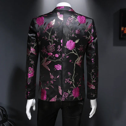 New Vintage Luxurious Jacquard Floral Suit Jacket Men Wedding Banquet Club Party Dress Singers Tuxedo Slim Fit Blazers Hommes