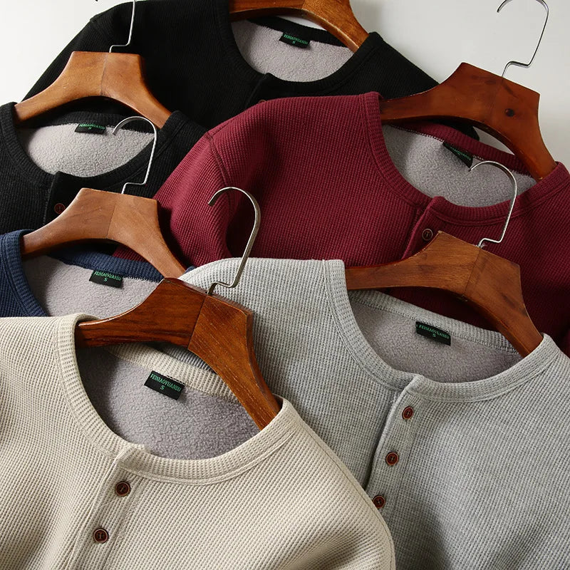 Men's Fleece - Lined Thickened Long - Sleeved Henley Neck Waffle Knit T - Shirt