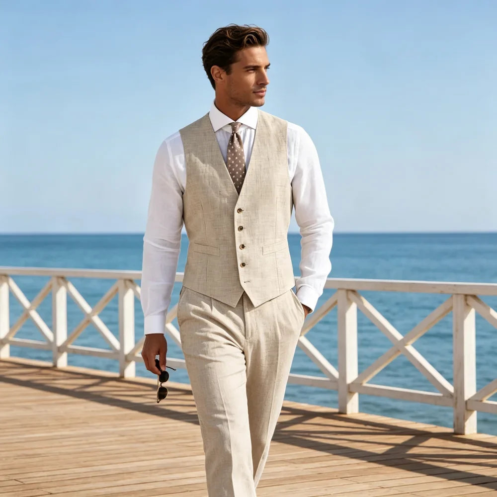 Men‘s  Linen  Waistcoat Single Breasted V Neck Suit Vest Adjustable Back  Slim Fit Casual Wedding Formal  Gentleman For Beach