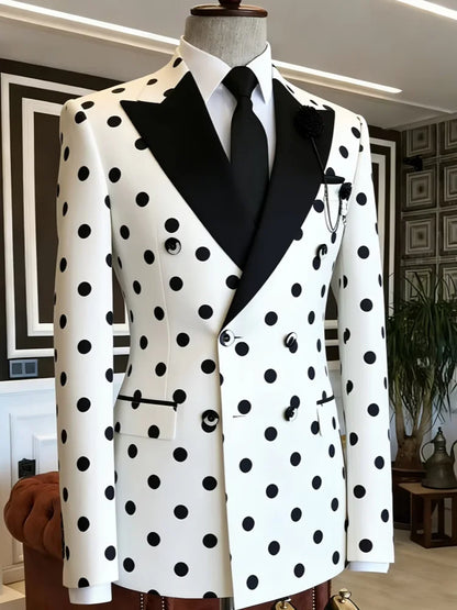 Men's Slim Fit White Black Polka Dot Double Breasted Blazer Satin Peak Lapel Suit Jacket For Formal Business Groom Wedding Party