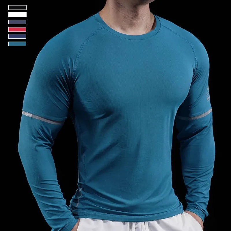 Autumn New Men's Sports Gym Fitness Clothes Reflective Strips Round Neck Training Long-sleeved T-shirt Running Slim Breathable
