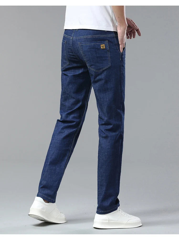 Men's Ice Silk Jeans Summer New Lyocell Thin Business Casual Denim Pants Classic All Match Slim Fit Straight Elastic Jean Male