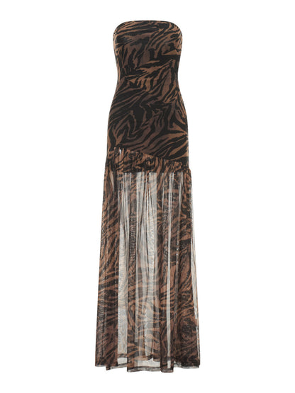 Women Tube Top Dress Slim Strapless Backless Mesh Patchwork Tropical Print High Slit Long Dress for Party Club Night