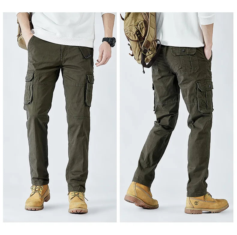 2026 Men's Cargo Pants Straight Leg Cotton Stretch Tactical Trouser Male Military Outdoor Camping Fishing Casual Work Wear Khaki