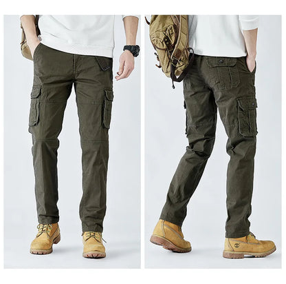 2026 Men's Cargo Pants Straight Leg Cotton Stretch Tactical Trouser Male Military Outdoor Camping Fishing Casual Work Wear Khaki