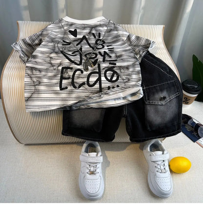 Korean Children's Summer Clothes Kids Set Outfits Boys 2026 Handsome Sleeveless&Short Sleeved T-shirt Denim Shorts 2-piece Set