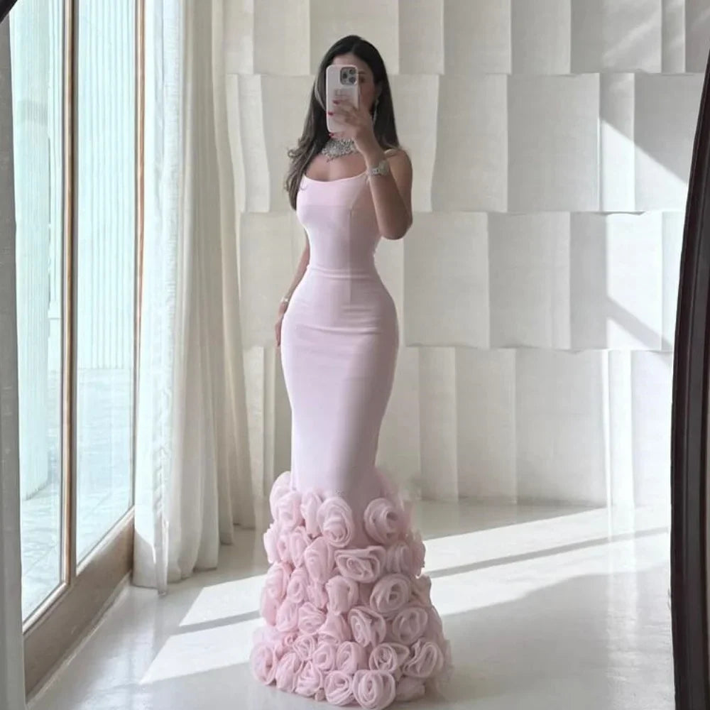 Customized Exquisite Intricate Jersey Handmade Flower Pleat Mermaid Spaghetti strap Long Dresses Bespoke Occasion Dresses Sexy
