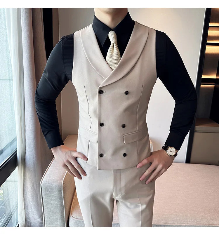 ( Vest + Pants) Men's Double-breasted Suit Vest 2 Pieces Set High Quality Business Casual Fashion Groom Wedding Dress Vest Sets