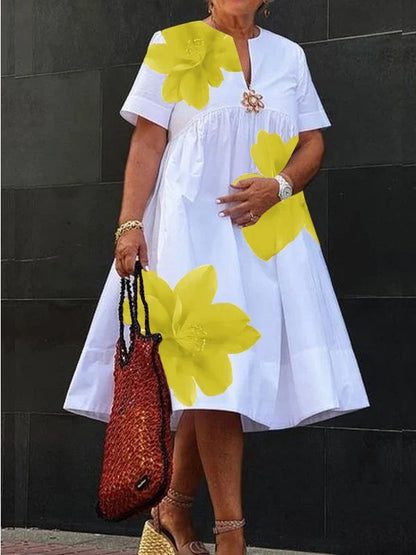 Modigirl Women's Summer New Dress 2025 V-Neck Pleated Short Sleeves White Loose Flower Print Casual Midi Dresses for Woman