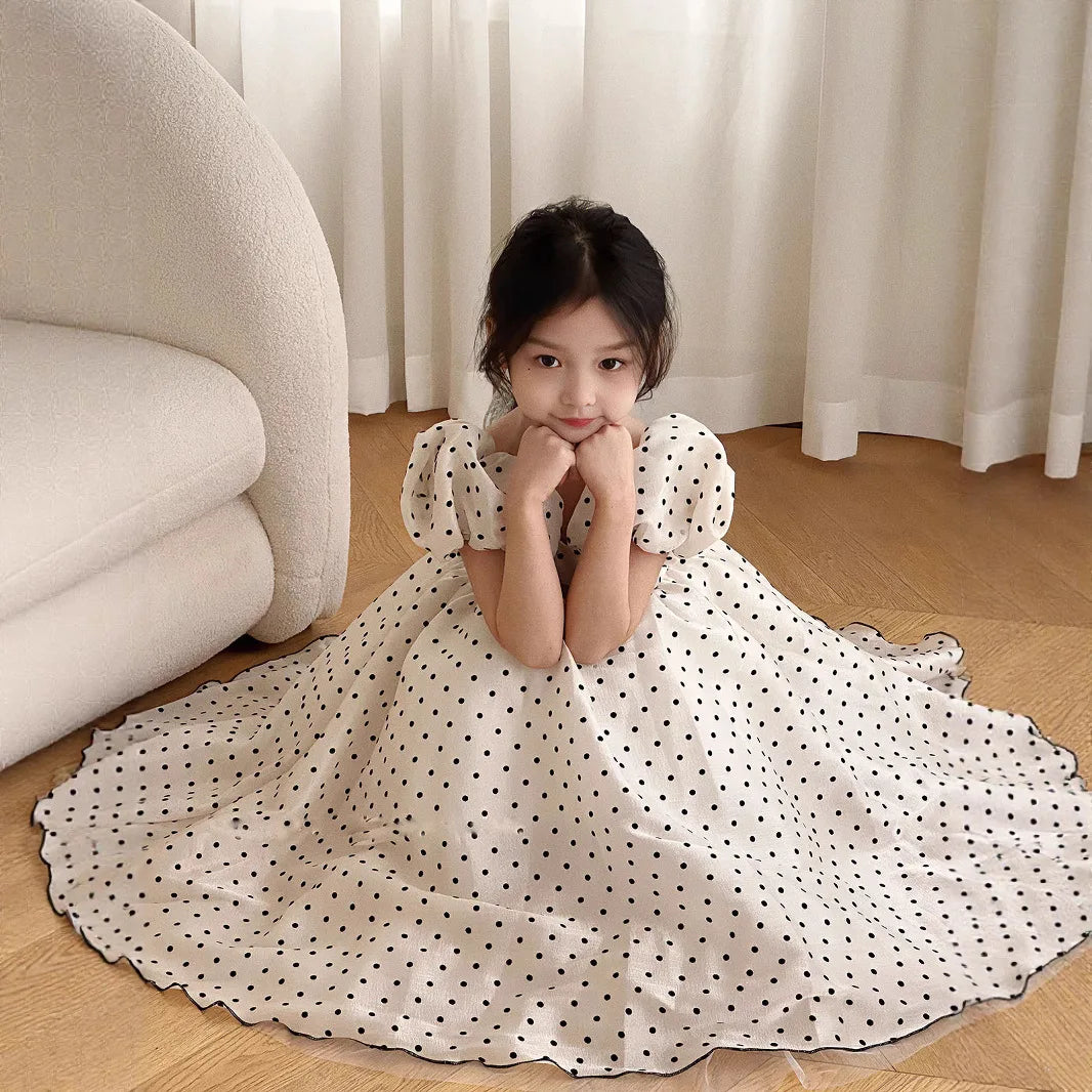 Girls Polka Dot Party Dress Summer Bubble Sleeves Princess Gown Understated Elegance Korean Japanese Style 2-7 Years