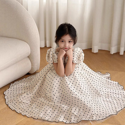 Girls Polka Dot Party Dress Summer Bubble Sleeves Princess Gown Understated Elegance Korean Japanese Style 2-7 Years