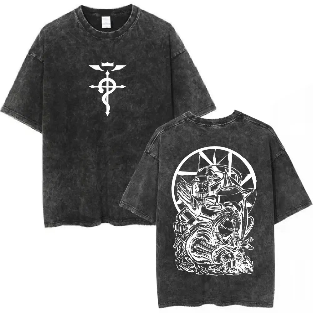Anime Fullmetal Alchemist Washed T Shirts Edward Elric Alphonse Elric T-Shirt Men's Women Fashion Casual Oversized T-shirts Tops