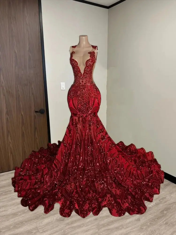 Sparkly New Design Red Diamonds Prom Dress 2026 Sequins Gown Bead Crystal Rhinestones Wedding Birthday Party Dress Customized