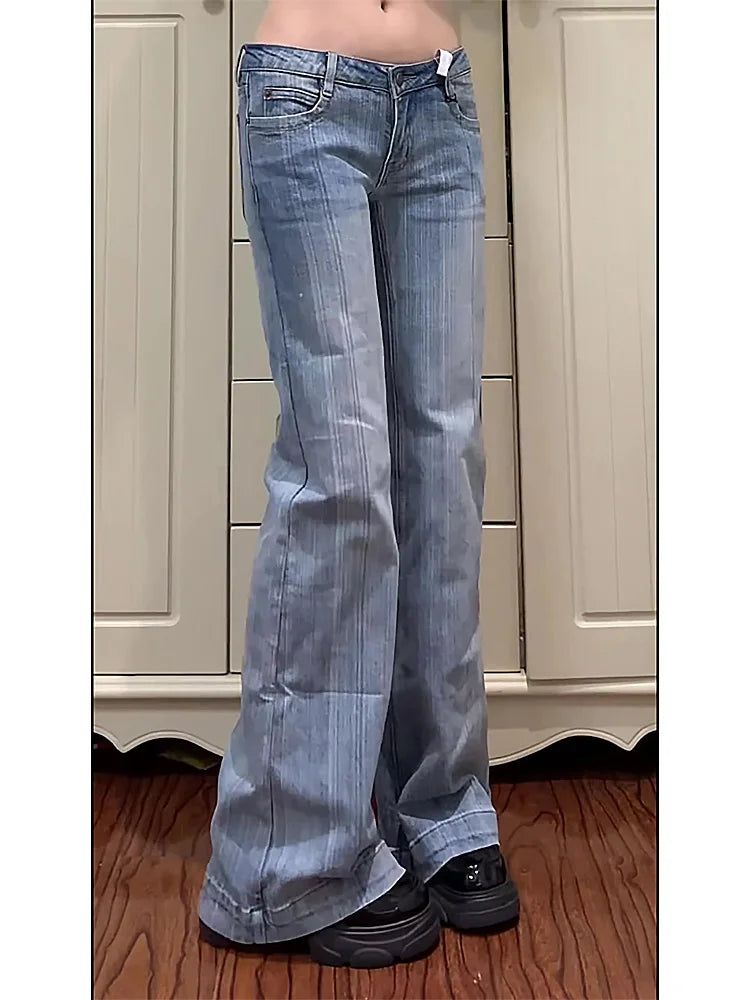 2025 Autumn Winter Women Vintage 2000s Low Rise Flare Denim Pants Y2k Japanese Streetwear Bootcut Jeans Baggy Bell Bottom New In