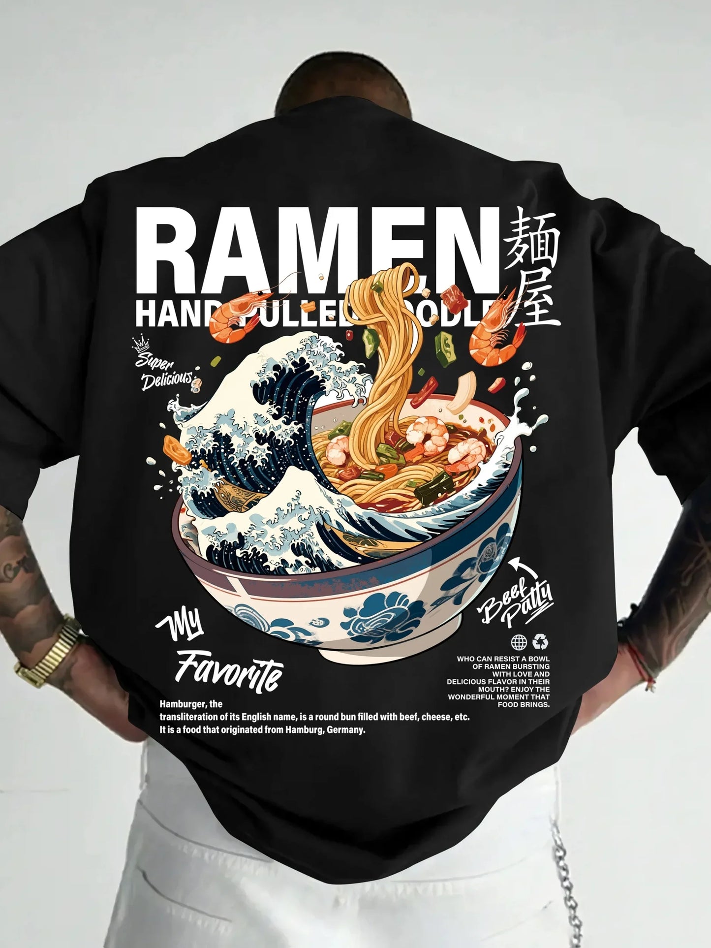 Men New Summer Casual Street Style T-shirt Japanese Waves Ramen Pattern Suitable for Daily Wear 100% Pure Cotton Soft Material