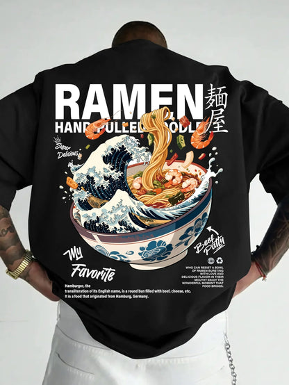 Men New Summer Casual Street Style T-shirt Japanese Waves Ramen Pattern Suitable for Daily Wear 100% Pure Cotton Soft Material