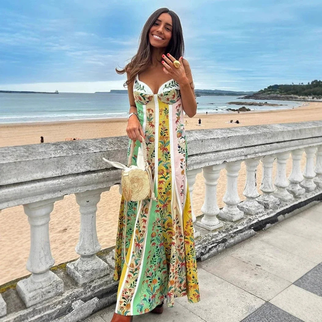 Fashion Elegant Women Sleeveless Party Dresses Casual Deep V Neck Maxi Dress Summer Backless High Waist Print Dress Vestidos