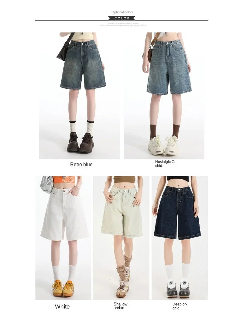 Women's High Waist Wide Leg  Y2K American Retro Washed Five-Point Denim Shorts Summer Loose Slim Straight Cut Mid-Length Pants
