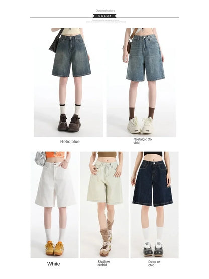 Women's High Waist Wide Leg  Y2K American Retro Washed Five-Point Denim Shorts Summer Loose Slim Straight Cut Mid-Length Pants