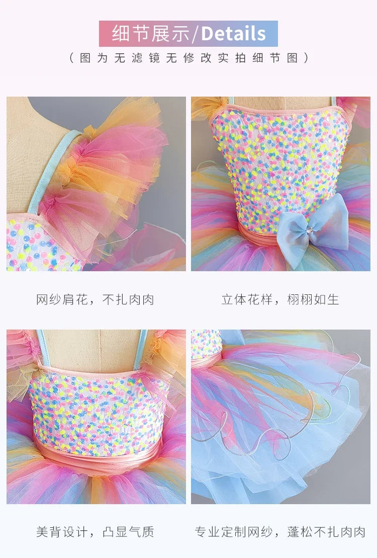 Kids Girls Ballet Dress Rainbow Color Dance Tutu Gymnastics Leotard Ballerina Dancewear Children Modern Performing Costume