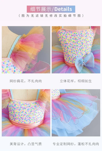 Kids Girls Ballet Dress Rainbow Color Dance Tutu Gymnastics Leotard Ballerina Dancewear Children Modern Performing Costume