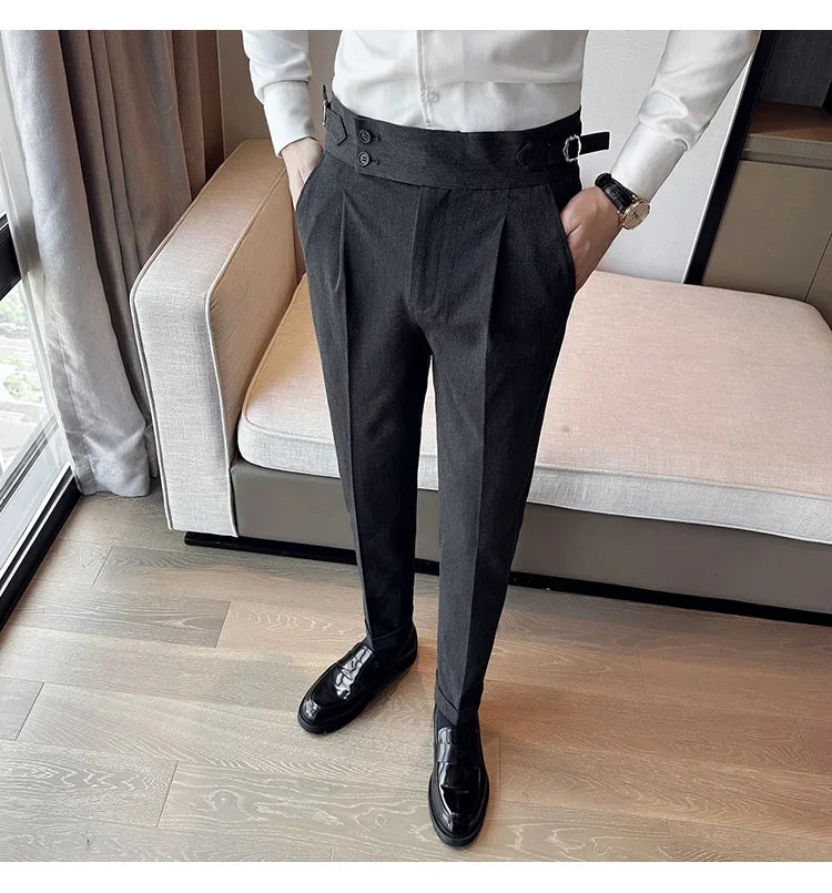 Autumn Winter High Waist Business Dress Pants Men Casual Belt Design Slim Suit Pants Formal Wedding Social Party Male Trousers