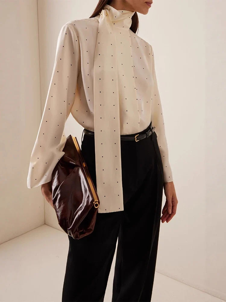 Satin Scarf Neck Polka Dot Printing Women Blouse Fashion Full Sleeve Loose Basic Shirt Lady Autumn New Highstreet Commute Wear